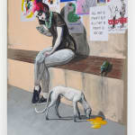 A mixed media drawing of a woman sitting on a bench with numerous posters on the wall behind her and a dog at her feet, hung on a white wall.