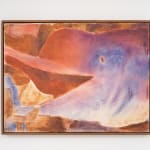 abstract image of a porpoise-like creature with its mouth open, colored with reddish and purple hues