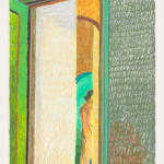 abstract, colorful image of a nude man appearing through a small view within an entryway. the main hues are green, blue, orange, white, and turquoise.