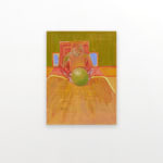 colorful abstract painting depicting a person in bed holding a large green orb