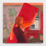 painted image of a woman holding a large red rectangular block inside of a house that has walls painted with pink and some imagery.