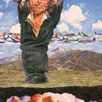 neosurrealist painting of a mountainous landscape, upon which is a three headed suit pant leg in front of an array of planes shooting through the center. at the bottom is an outstretched hand over a lavender landscape.