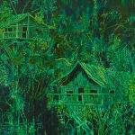 A mixed media image depicting houses built into the forest, seemingly suspended by trees and foliage.