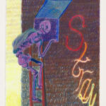 color pencil image of a purple skeleton entering a window on a rectangular form, with the word "stray" stretching down the side of the rectangle