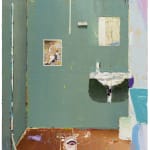 oil painting depicting an interior scene of a bathroom with a full tub slightly out of frame