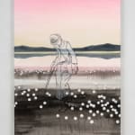 acrylic painting of a man walking on a grey landscape with white flowers and reflecting a pink sky