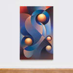 An abstract image depicting four orange orbs framed by swirling blue shapes.