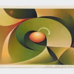 abstract oil painting on linen of curvaceous earthy green shapes swirling into a center point, which is a bright orange sphere