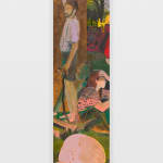 long vertical painting of a man standing in a backyard holding a snake. at the bottom of the image is a large, salmon-colored head. a few people are seated on the ground below the standing man, characterized mostly by green and salmon hues.