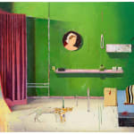 oil painting depicting an interior scene of a cat in a furnished green room