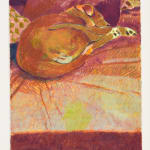 color pencil based image of a dog sleeping on a cushioned surface, mainly using orange and pink hues