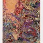 a small abstract painting colored with orange and purple and red marks