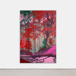 painted image on canvas depicting a brightly colored forest, with hues of red, green, and pink