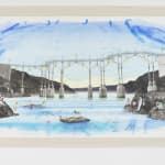 A sizable, colorful mixed media drawing of a landscape wit people eel fishing beneath the bridge mounted on canvas and hung on the wall.