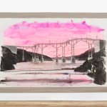 A big, mixed media drawing of boys fishing beneath a bridge with pink sky, mounted on linen and hung on the gallery wall.