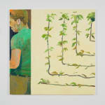 Oil on canvas depicting the side profile of a figure in a green t-shirt and vines.