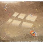 textured oil painting depicting a dirt floor with six square tile-like sandy imprints. next to the sandy shapes are a crushed orange soda can and a colorful beaded accessory.
