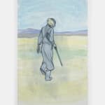 Acrylic on gesso piece depicting a lone figure with a gun walking through an open field.