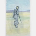 Acrylic on gesso piece depicting a lone figure with a gun walking through an open field.