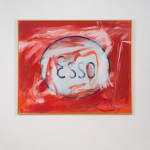 An image of a medium-sized canvas painted red, in its center is a white oval shape which contains the word Esso.