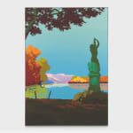 An acrylic on canvas depicting a shadowy landscape featuring a human-shaped statue, trees, and a body of water that appears to be a pond.