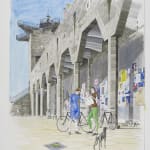 A detail of a large mixed media drawing of two cyclists beneath the porticos of the City Wall.