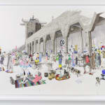 A very busy mixed media drawing of a crowded city market framed by a tall gray wall, framed in white.