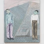 oil painting depicting two boys with their heads cocked to the side, standing in fa landscape of laid brick