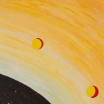 An image of orange heavens and planets orbiting a black oval.