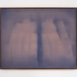 A deep indigo background is softly covered with lighter, pinkish strokes that are vertically oriented. The image abstractly resembles hands covering a face.