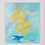 An image of a painting of a multi-sided, 3-dimensional yellow object hovering over a blue starfish against an aquamarine, presumably underwater backdrop.