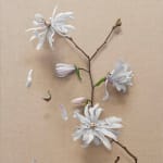 detail of painting of white flowers with subtle dog faces