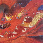Painting of an animated red dark with sharp teeth and fiery eyes