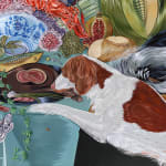 Detail of Sabrina Bockler painting of feast on table, flowers, fruit, lobsters, etc