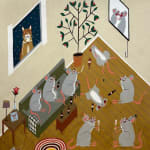 James Eddy - pastel drawing of a living room with family of rats.