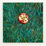 N Dyer painting of detailed grass with apple, a bit has been taken out of it and ants crawl on it