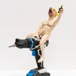 sculpture of nude anthropomorphic dog wearing construction hate and riding electric drill