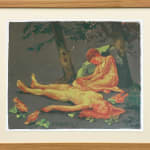 framed artwork of painting sketch of two nude girls, one bleeding, on the forest floor
