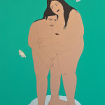 painting of a nude couple embracing on a rock surrounded by various moths and bugs and small flowers by Gina M. Contreras