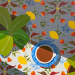 Natalia Juncadella painting of coffee cup and plants on background with birds and lemons