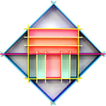 CHIAOZZA - wood wall sculpture of geometric diamond and grid in vibrant color.