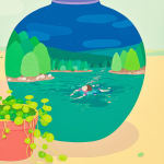 Danym Kwon painting of vases, plants, bowl with back ground of low saturated green sky and yellow landscape. A potted plant and an empty vase with painted scenery of a person swimming in a lake surrounded by forest