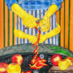 artwork by Pat Perry of a figure in blue with four yellow arms peeling an apple with an orange and green striped background
