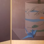 detail of a painting on a wooden room divider by artist Adrian Kay Wong depicting layered composition of an interior setting with two individuals sitting at a table, obscured by a partially opened door and door frame respectively