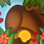 Painting of a brown figure surrounded by flowers and greenery on a blue background