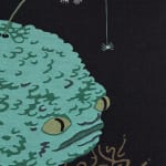 Detail of Oona Brangam-Snell hand-woven embroidery of large frog, flowers and fairy like women