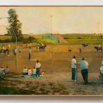 Pat Perry - painting of a baseball diamond, figures standing along fence watching a person dressed as the grim reaper mow the lawn with colorful smoke charges nearby