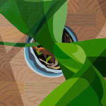 detail of Natalia Juncadella painting of wood floors, shadows, orchid and white plate with oranges