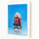 Installation view of Kim Cogan painting of fast food dog mascot with blue sky in background