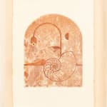Madeleine Tonzi - Traced print in shades of red of a flower sprouted from a shell floating in front of a landscape.